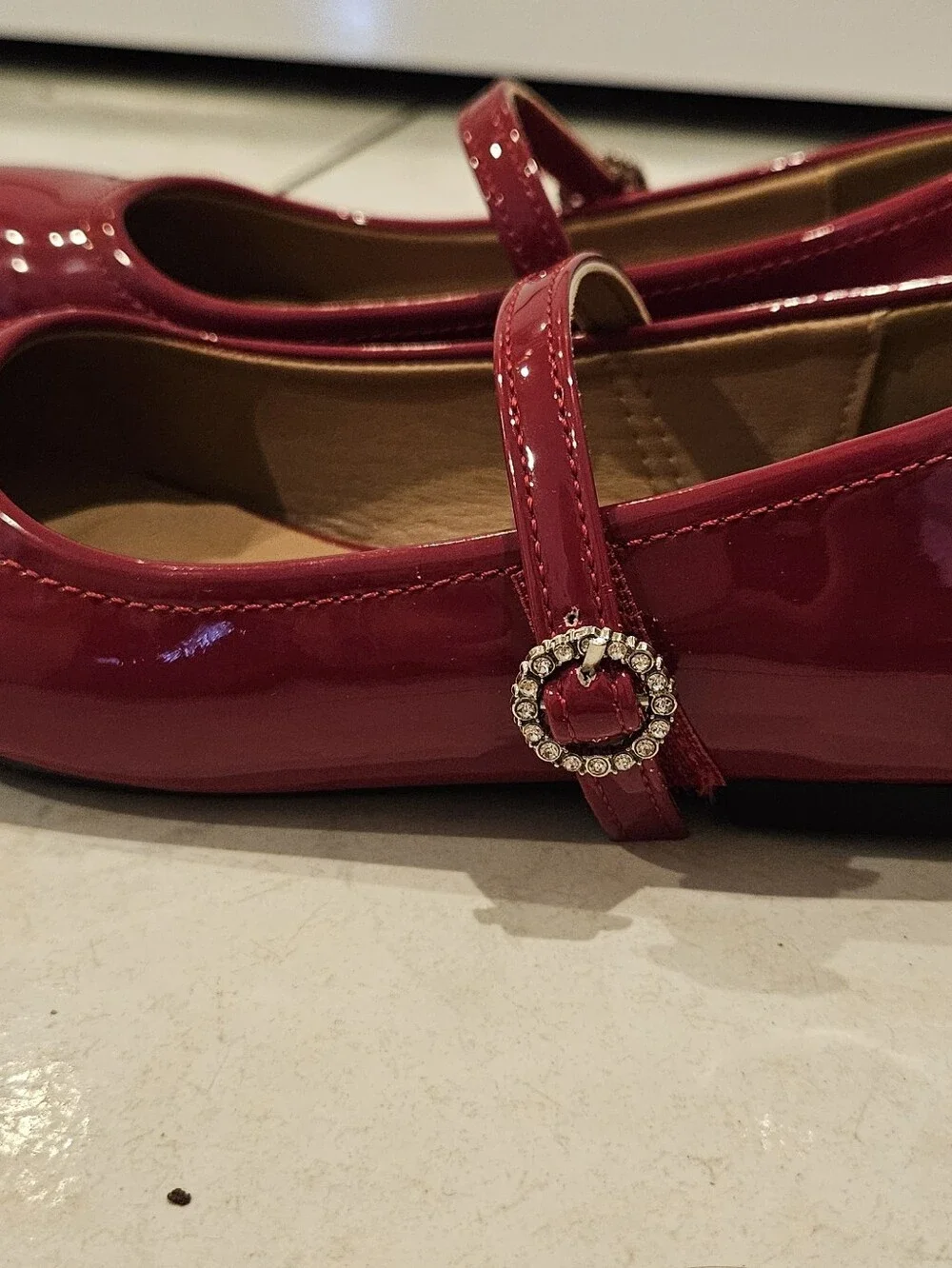 Girls Red Patent Mary Jane Flats with Rhinestone Buckle MIA Sz.3